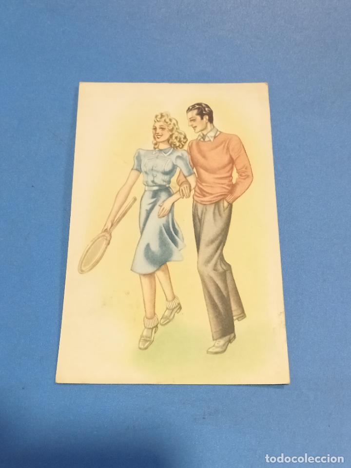Cartoline: TARJETA POSTAL. DIBUJO DE HOMBRE ACOMPA&Ntilde;ANDO A MUJER TENISTA.