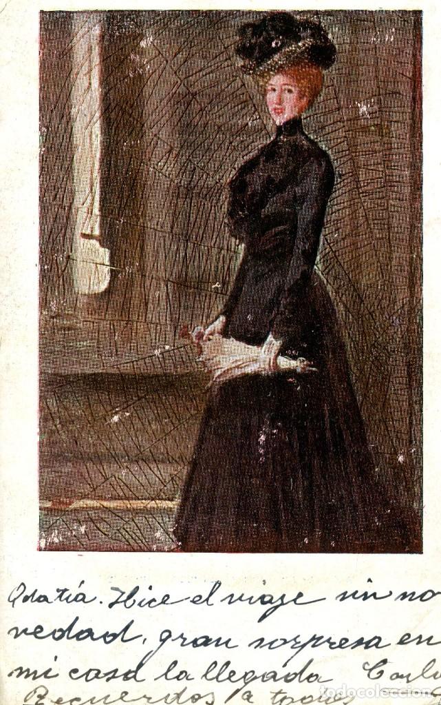 Cartoline: DAMA CON PARAGUAS- POSTAL REVISTA BLANCO Y NEGRO A&Ntilde;O 1903