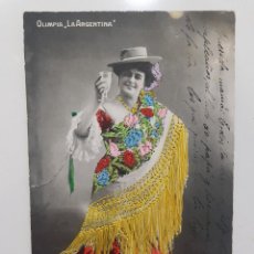 Postales: POSTAL FOTO ACTRIZ CUPLETISTA OLIMPIA ARGENTINA ESCRITA 1908. POSTAL ESPECIAL CON HILOS DE COLORES. Lote 361786660