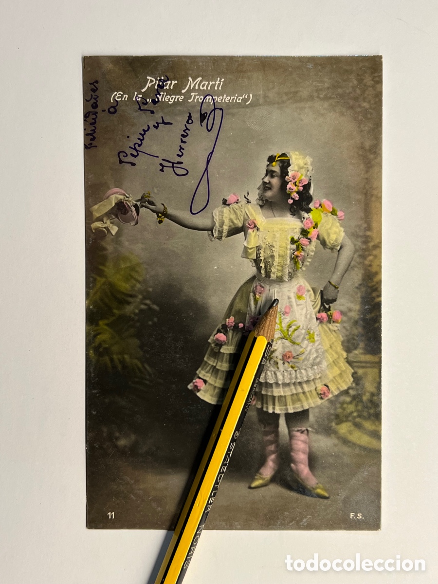 Postais: PILAR MARTI. En la Alegre Trompeteria&hellip; Actriz y Cantante. Postal Iluminada (h.1910?) S/C