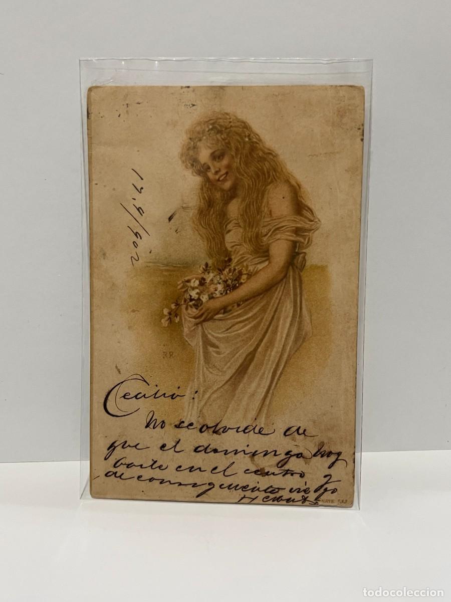 Cartoline: TARJETA POSTAL. GALANTES Y MUJERES. MUJER LLEVANDO UNAS FLORES