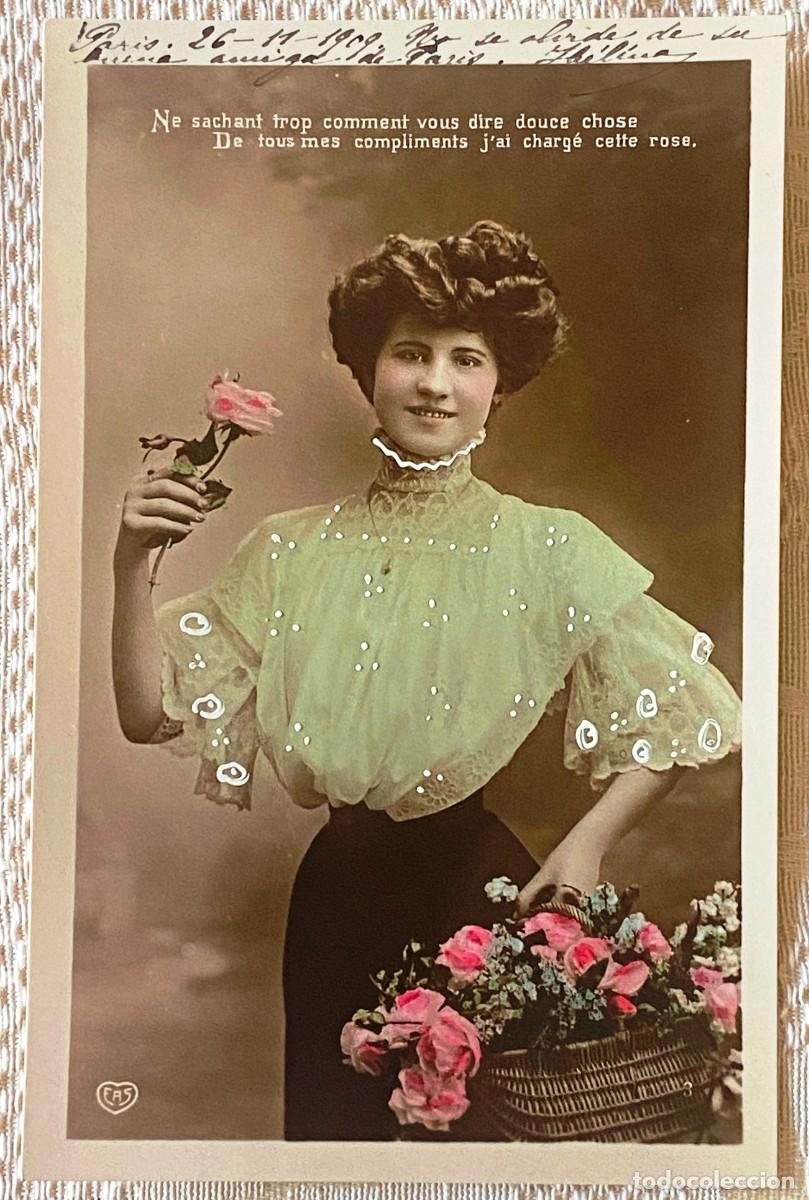 Postkarten: POSTAL DE MUJER CON CESTO DE FLORES, ESCRITA EN 1911