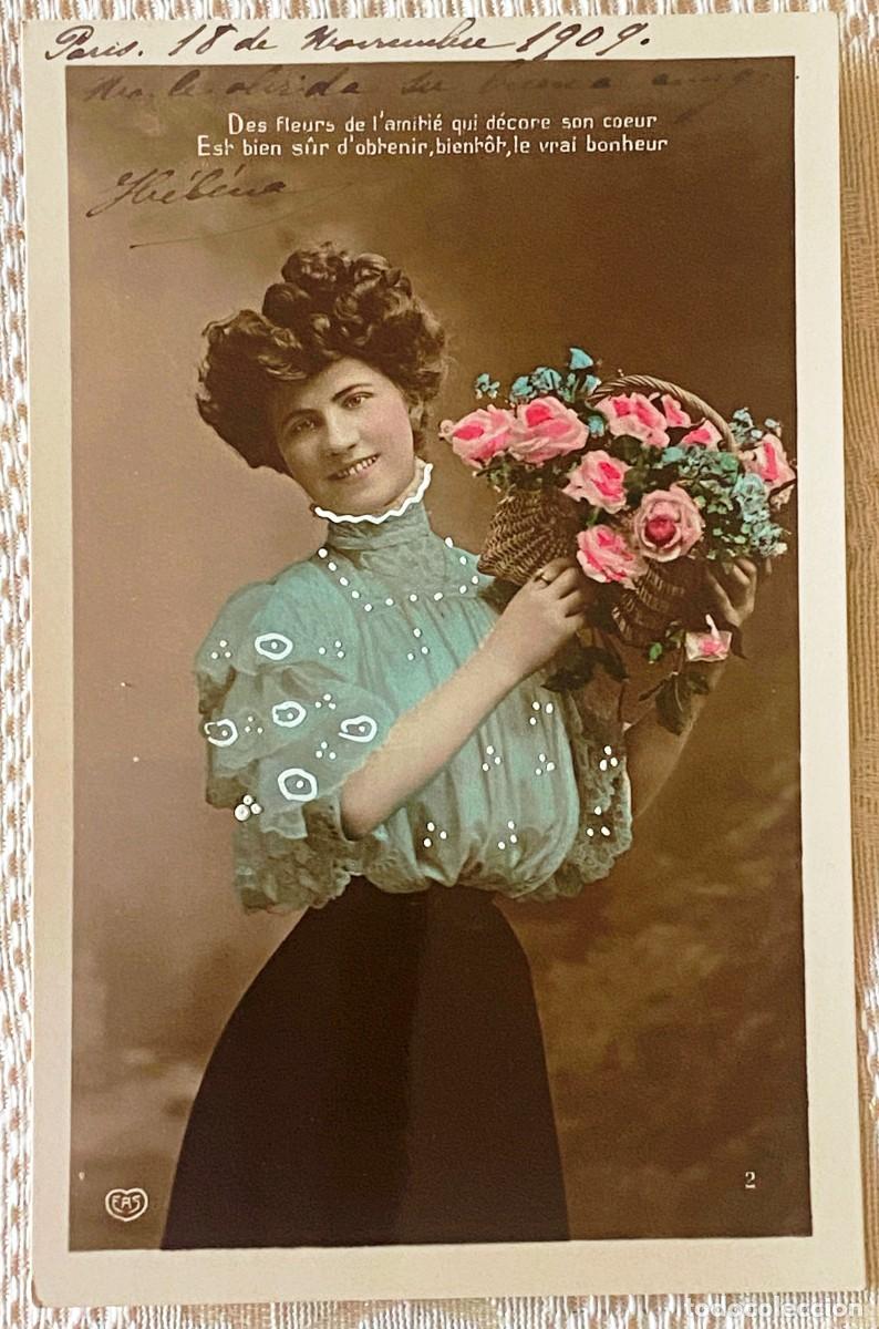 Postales: POSTAL DE MUJER CON CESTO DE FLORES, ESCRITA EN 1911