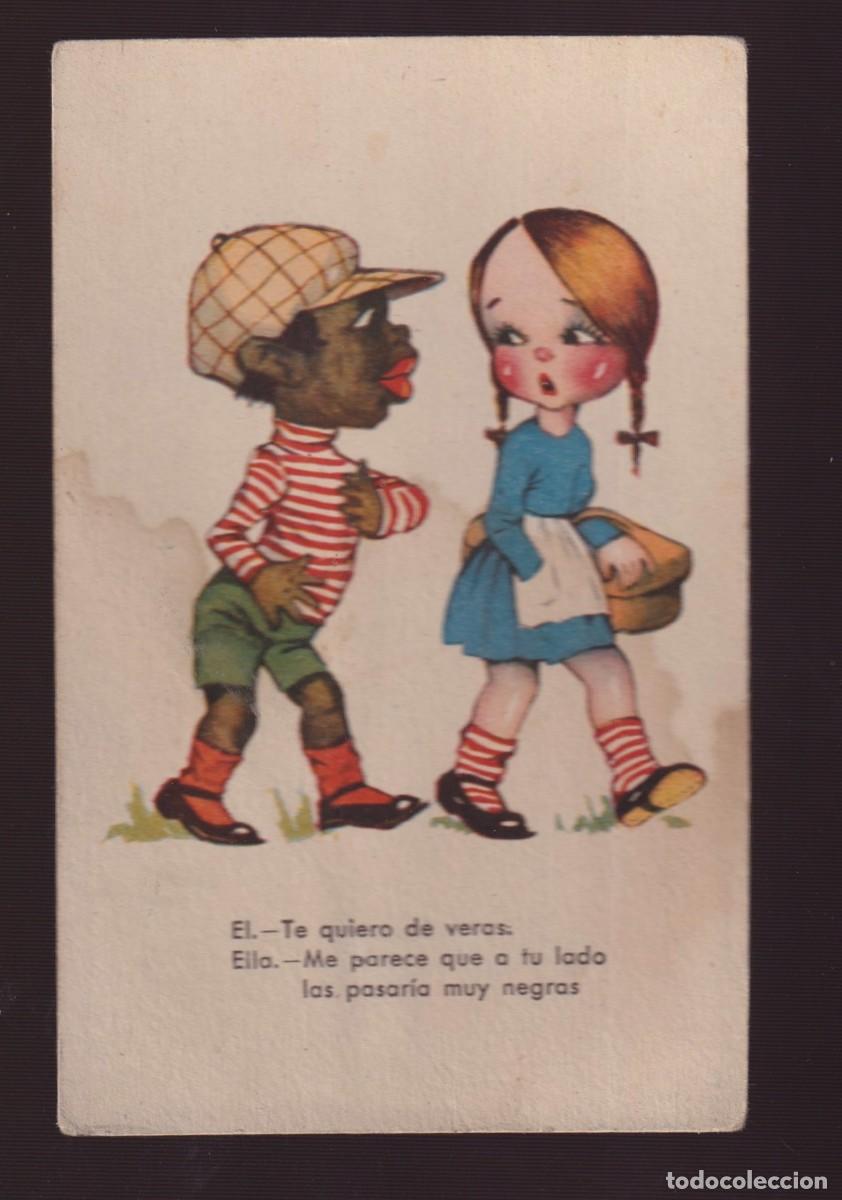 Postkarten: POSTAL DE DIBUJOS PAREJA NEGRO LE OFRESE AMOR ESCRITA A&Ntilde;O 1945 CASA D M B