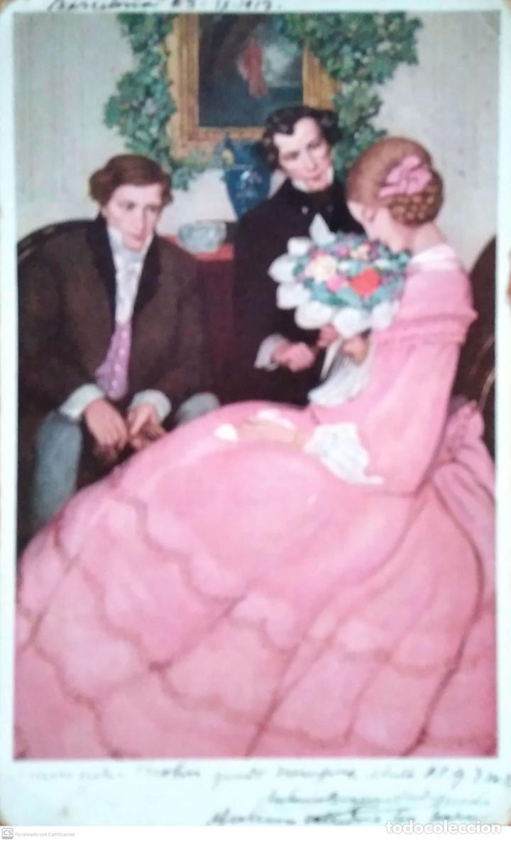 Postales: J&oacute;venes entregando ramo de flores a dama. 378 Postal austriaca. Usada. Color