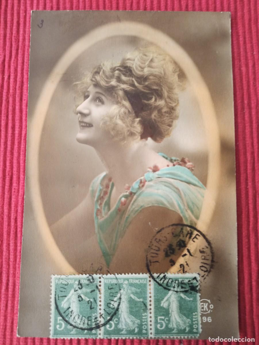 Postcards: Postal bella se&ntilde;orita en franc&eacute;s 1921 Veretz principio siglo xx