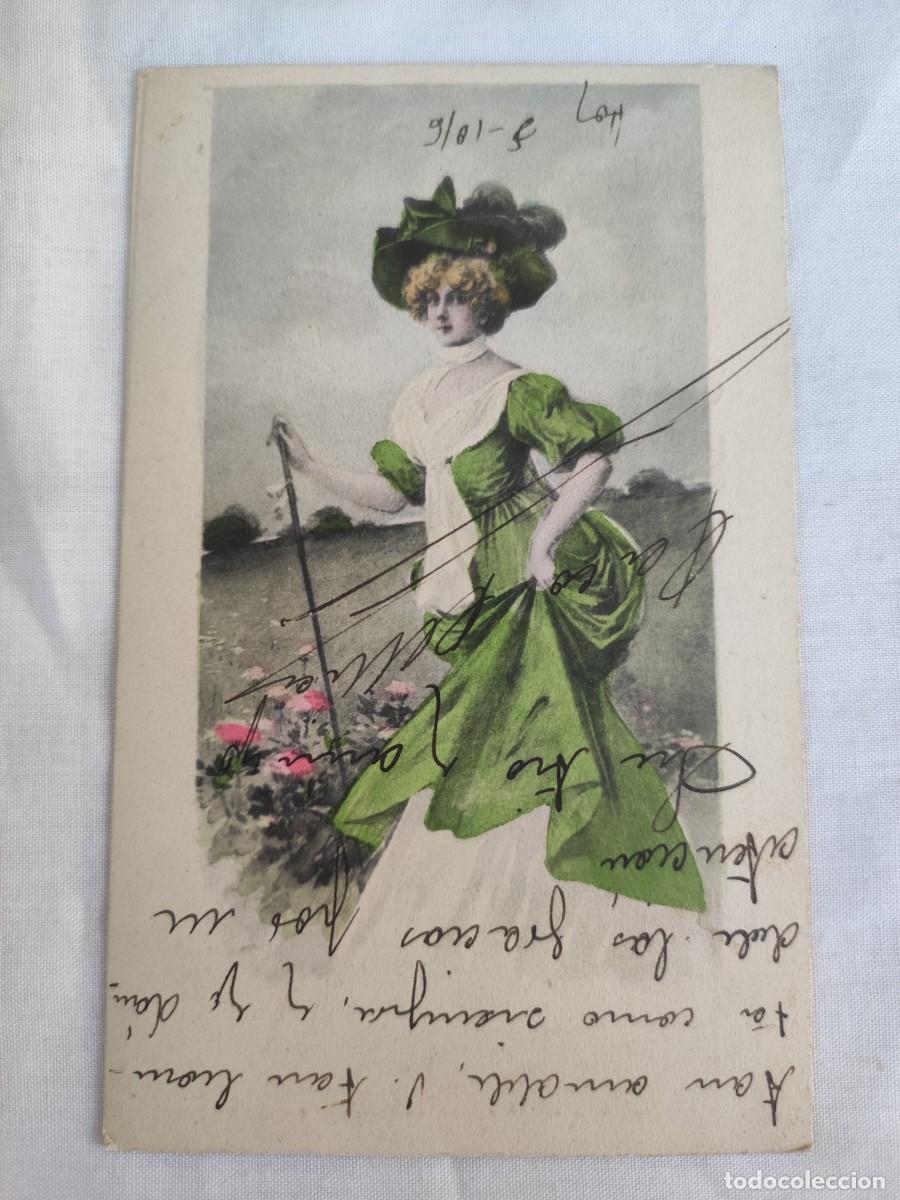 Postales: Postal Mujer vestido verde - Foto 1