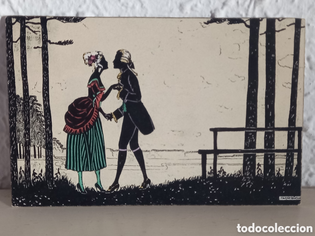 Antigua postal ilustrada con tema rom&aacute;ntico