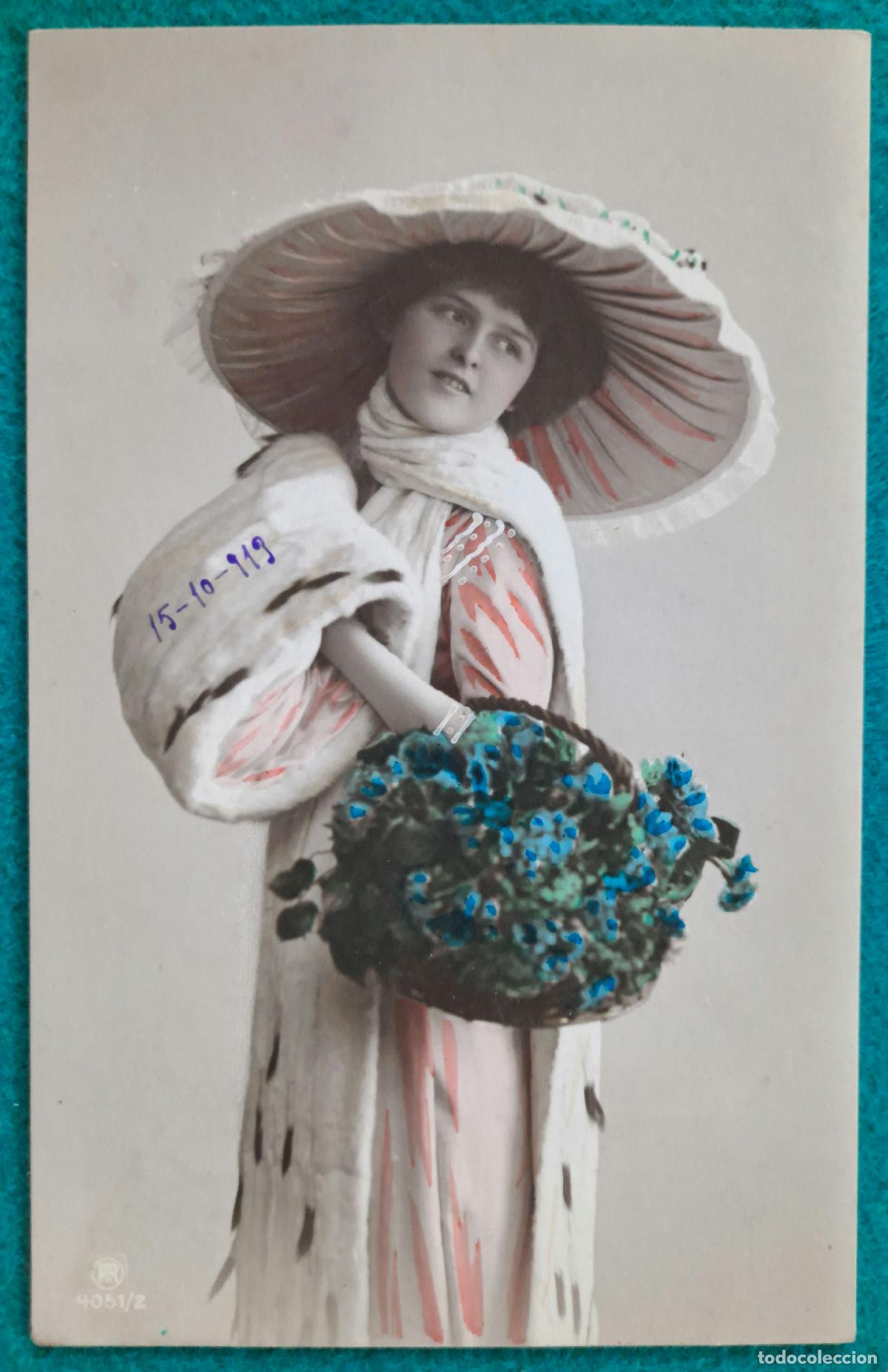 Cartoline: RW POSTAL ROMANTICA MUJER SOMBRERO FLORES PR56