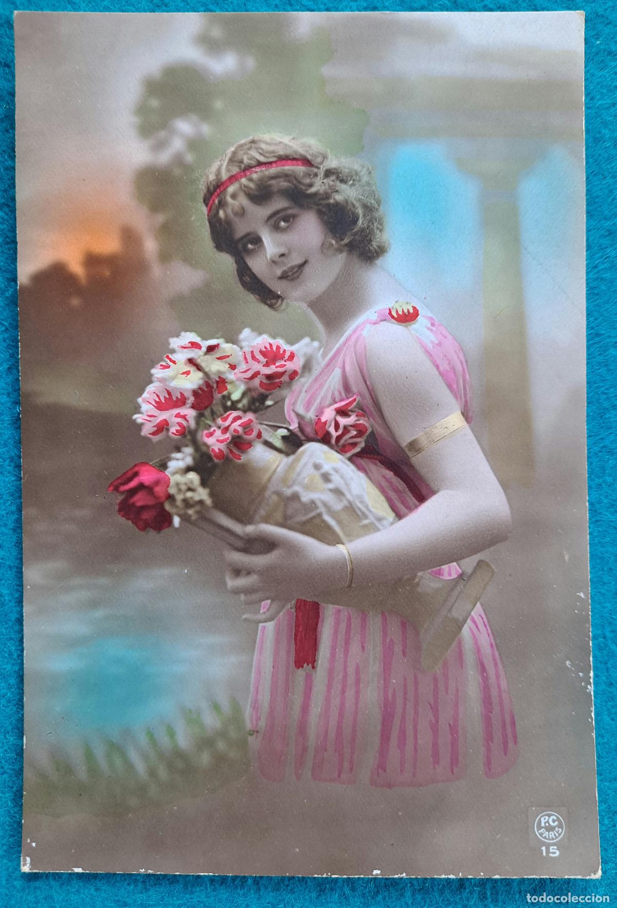 Cartoline: RW POSTAL ROMANTICA MUJER JARRON FLORES PR97