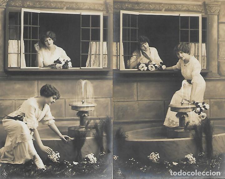 Postcards: DOS POSTALES ANTIGUAS- DAMAS EN VENTANA Y EN JARDIN (1914)