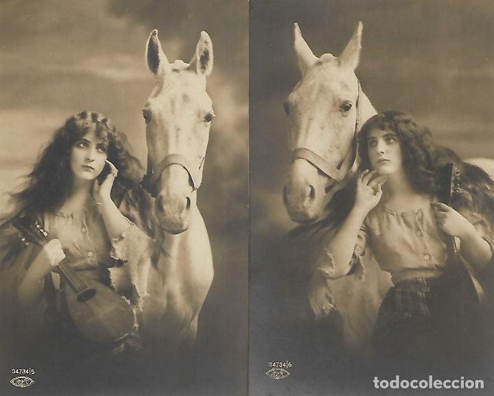 Postcards: DOS POSTALES ANTIGUAS-DAMA CON CABALLO Y LAUD (Principios 1900)