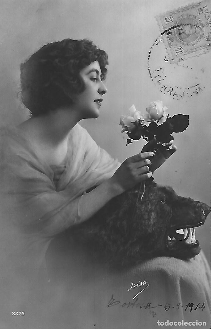 Postcards: ANTIGUA POSTAL-DAMA CON FLORES Y OSO (1914)