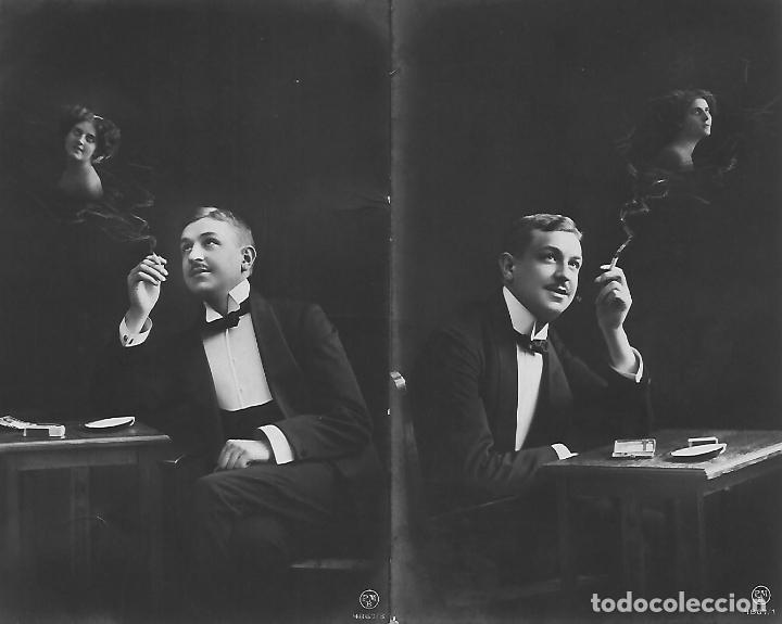 Postales: PAREJA DE ANTIGUAS POSTALES-CABALLERO FUMANDO E IMAGINANDO (Principios 1900)
