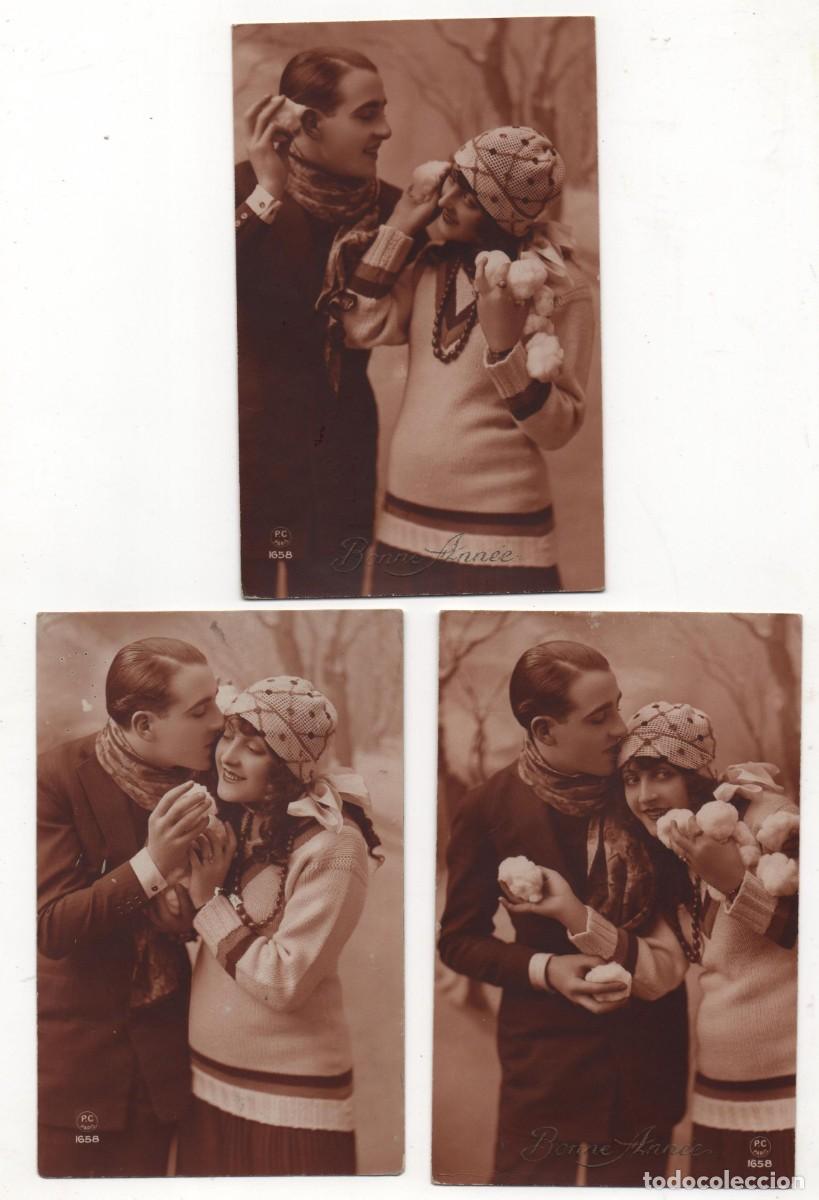 Cartes Postales: Serie de 3 Postales francesas principios del XX- sin circular -Pareja con bolas de nieve