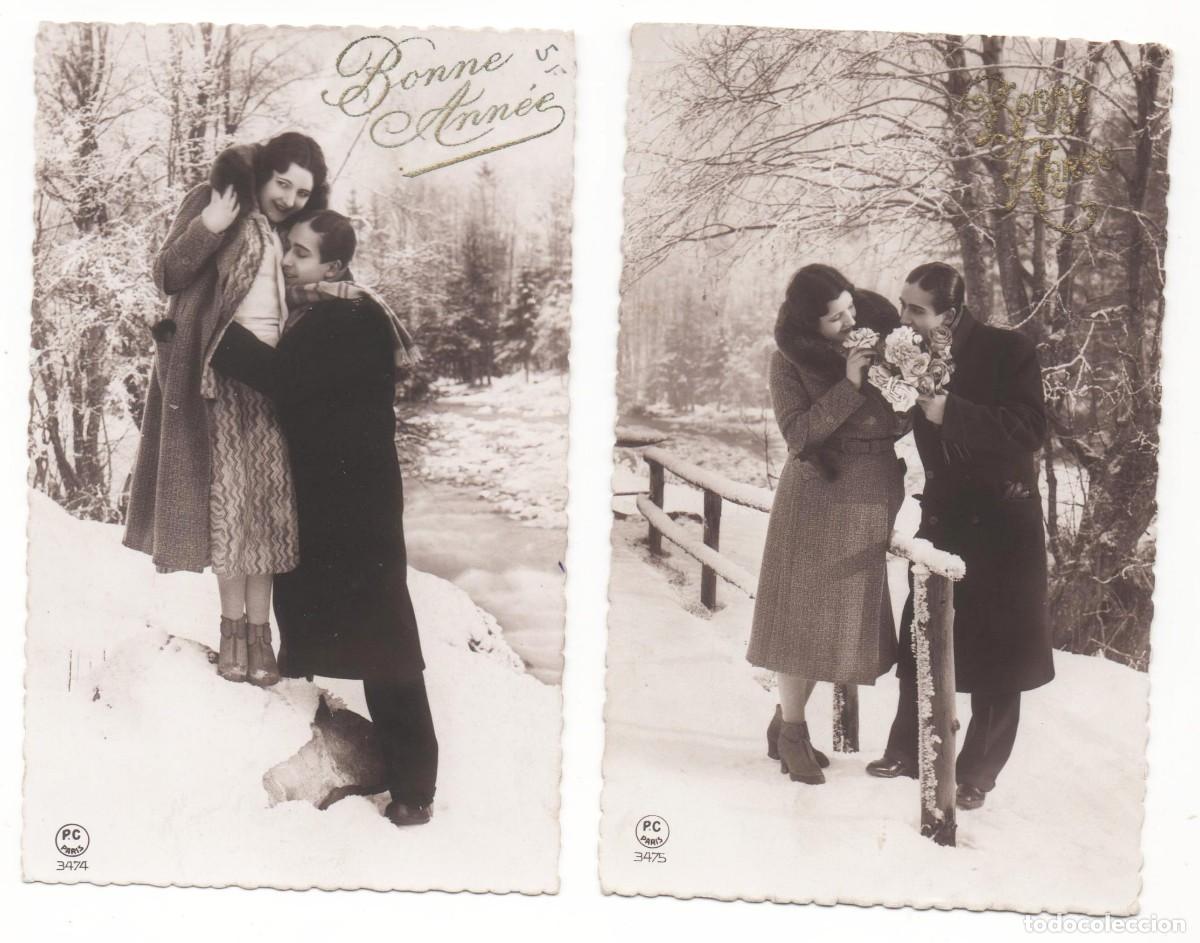 Postales: 2 Postales francesas a&ntilde;os 30-escritas-pareja rom&aacute;ntica-En la nieve