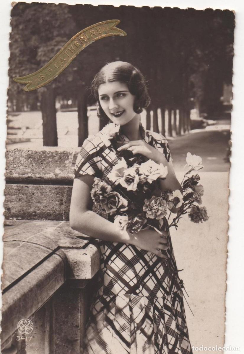 Postcards: Postal francesa a&ntilde;os 30- escrita-Rom&aacute;ntica-mujer con flores
