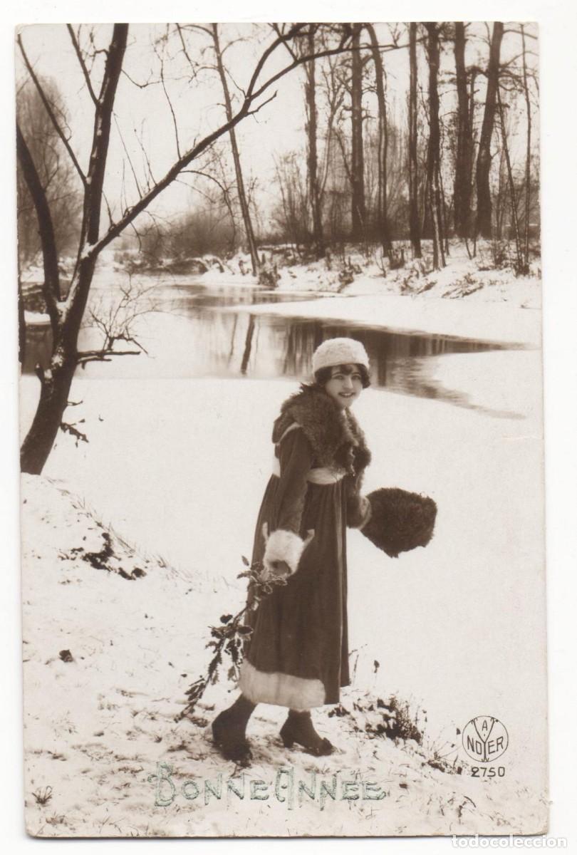 Postais: Postal francesa a&ntilde;os 30- escrita-Rom&aacute;ntica-mujer en la nieve