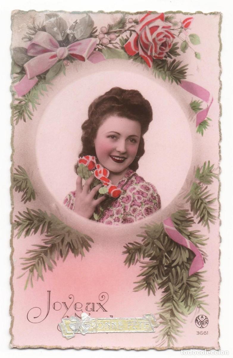 Postais: Postal francesa a&ntilde;os 40- 50 -escrita- mujer con flores