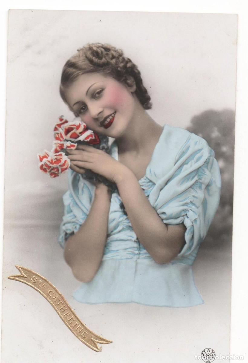 Postais: Postal francesa a&ntilde;os 30 -escrita- mujer con flores