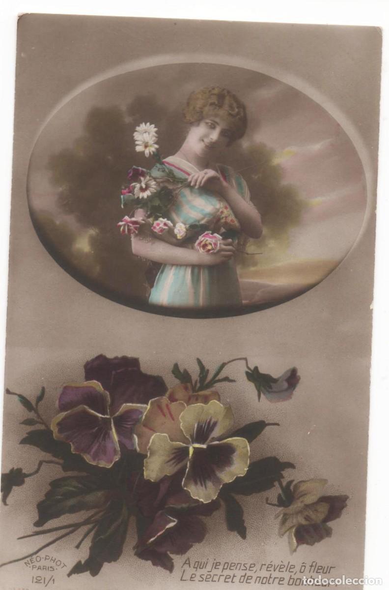 Cartoline: Postal francesa principios del XX- escrita-Rom&aacute;ntica-Mujer con flores