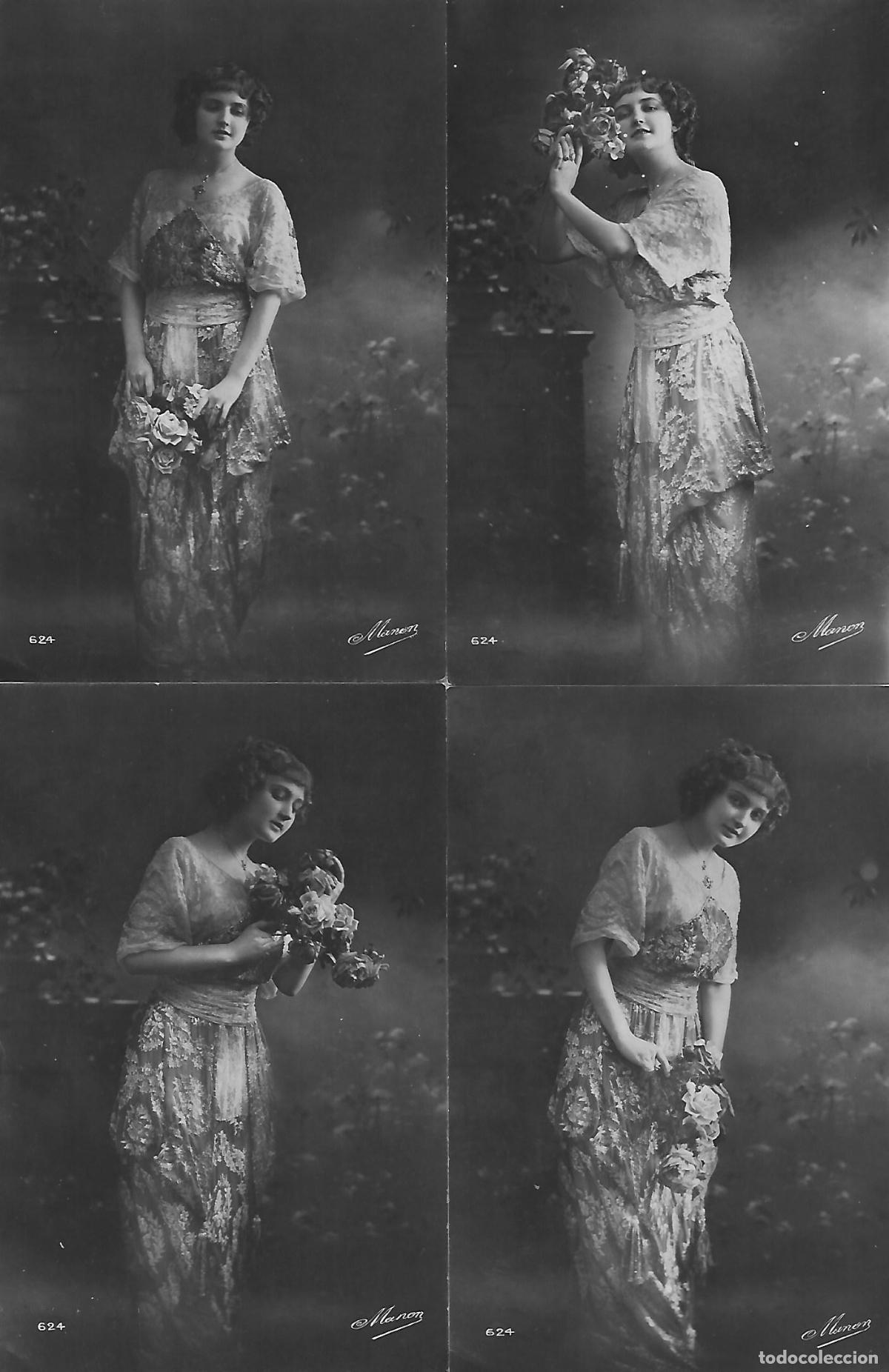 Cartoline: ANTIGUA SERIE DE 4 POSTALES-DAMA CON FLORES (Principios 1900)