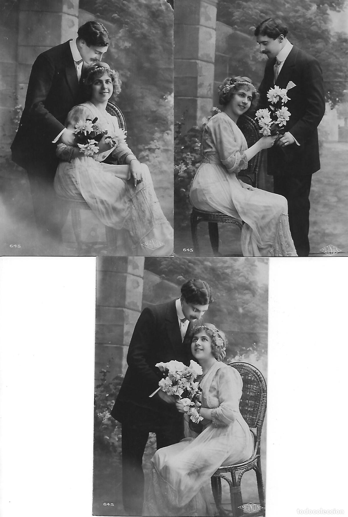 Cartoline: SERIE 3 POSTALES ANTIGUAS-PAREJA CON FLORES (Principios 1900)