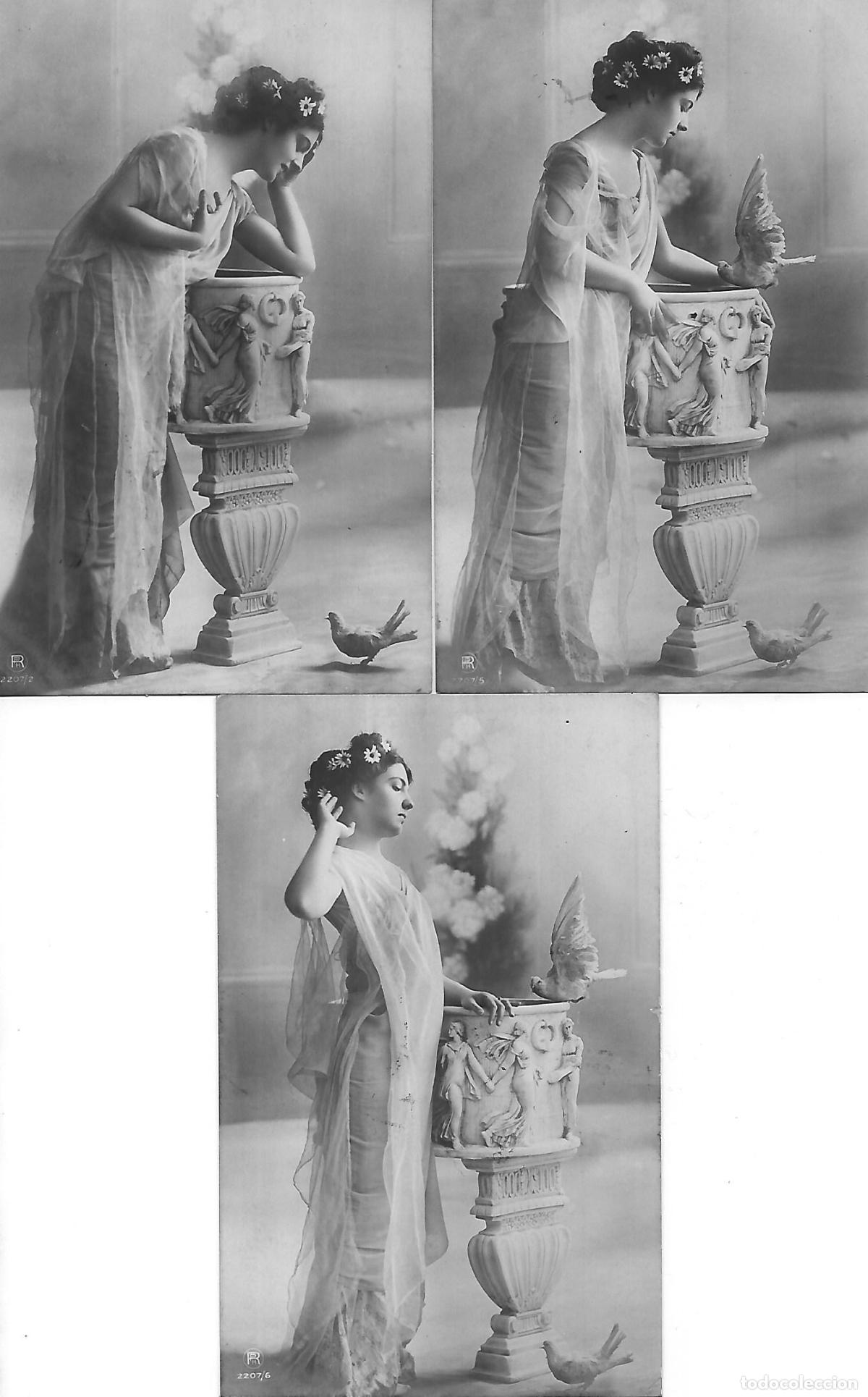 Cartoline: SERIE 3 POSTALES ANTIGUAS-DAMA CON PALOMAS (Principios 1900)