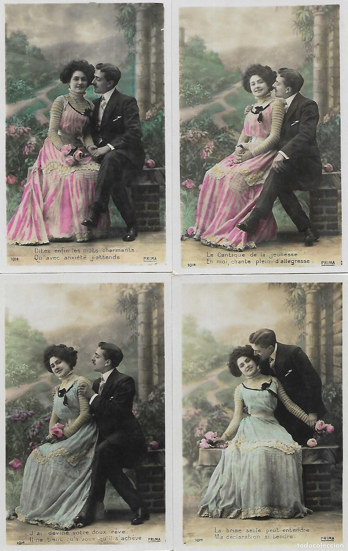 Cartoline: SERIE DE 4 POSTALES ANTIGUAS-&acute;PAREJA CORTEJANDO (Principios 1900)
