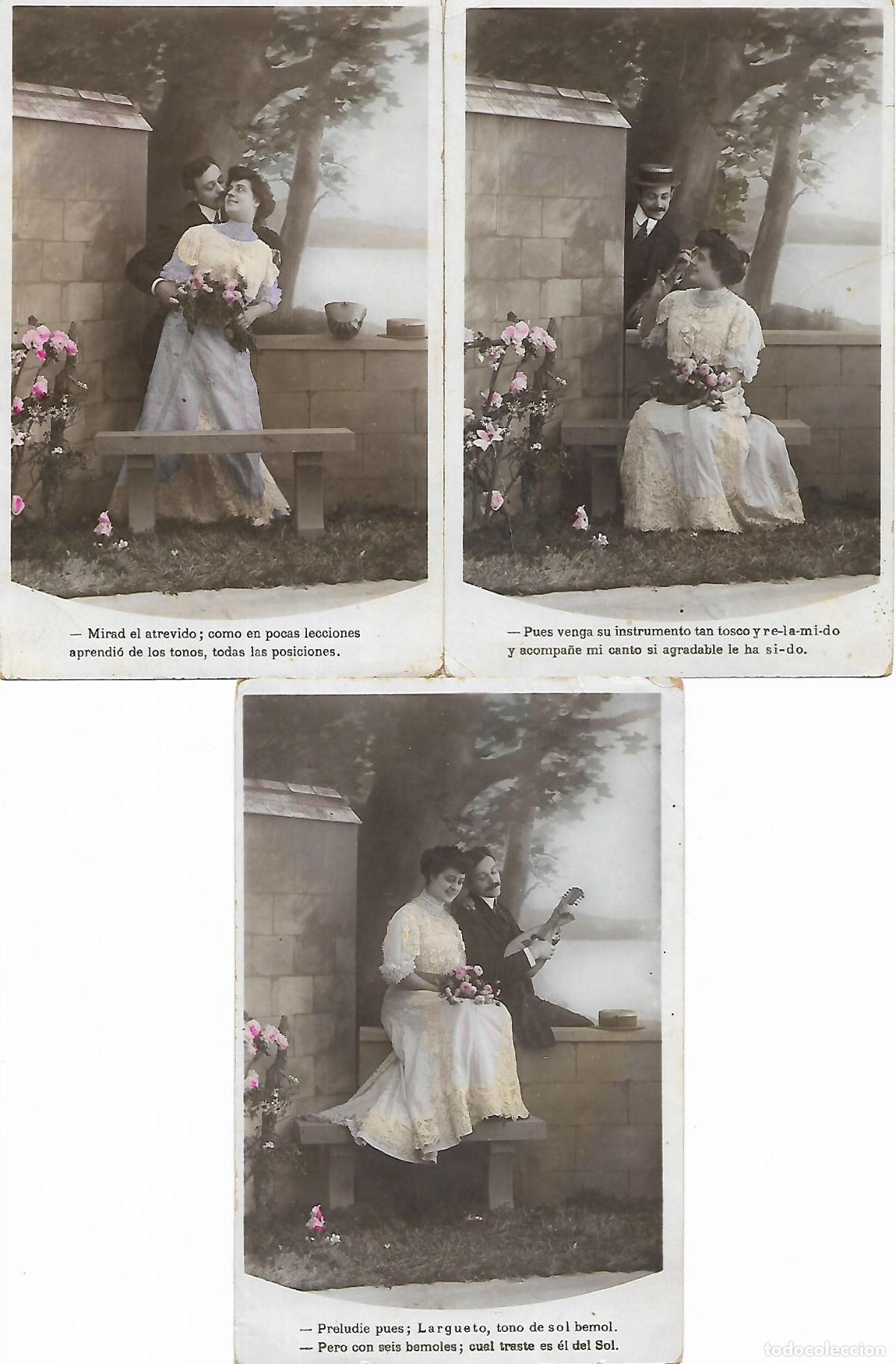 Cartoline: SERIE 3 POSTALES ANTIGUAS- PAREJA CON FLORES (1910)