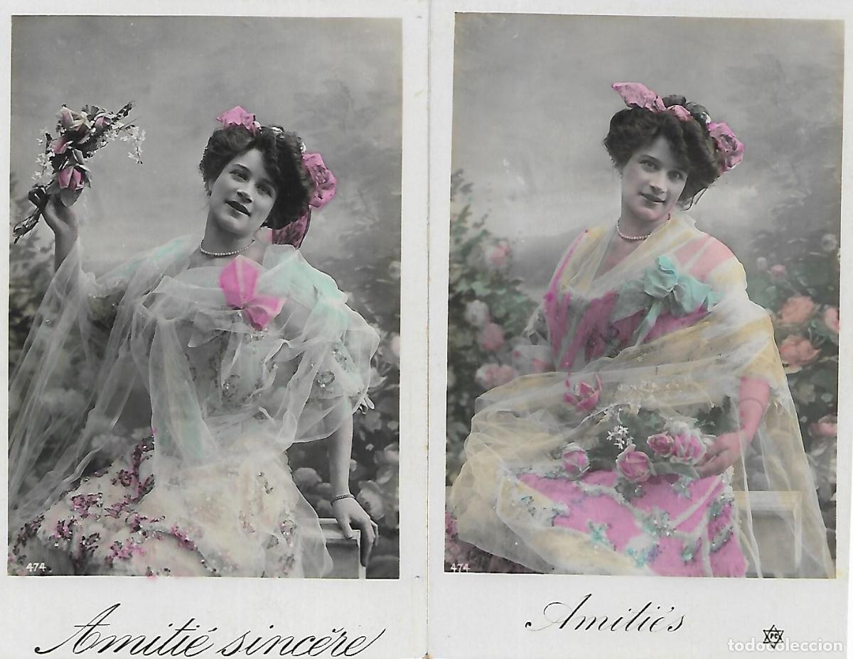 Cartoline: PAREJA DE ANTIGUAS POSTALES-DAMA CON FLORES (Principios 1900)