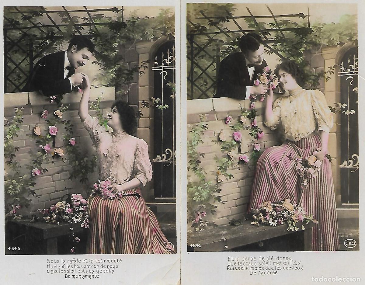 Cartoline: PAREJA DE ANTIGUAS POSTALES-IDILIO EN EL PATIO (1912)