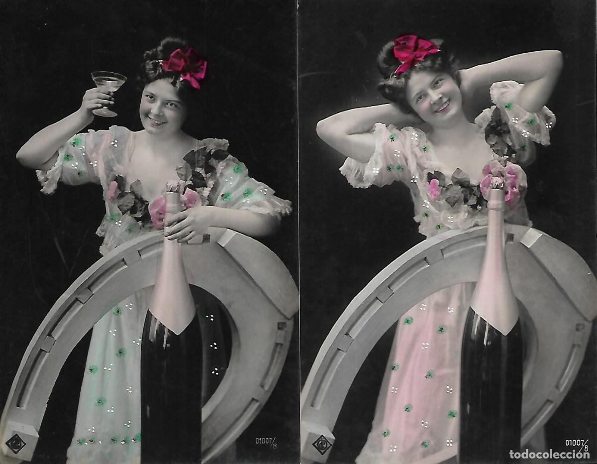 Cartoline: PAREJA DE ANTIGUAS POSTALES-DAMA CON CHAMPAGNE (Principios 1900)