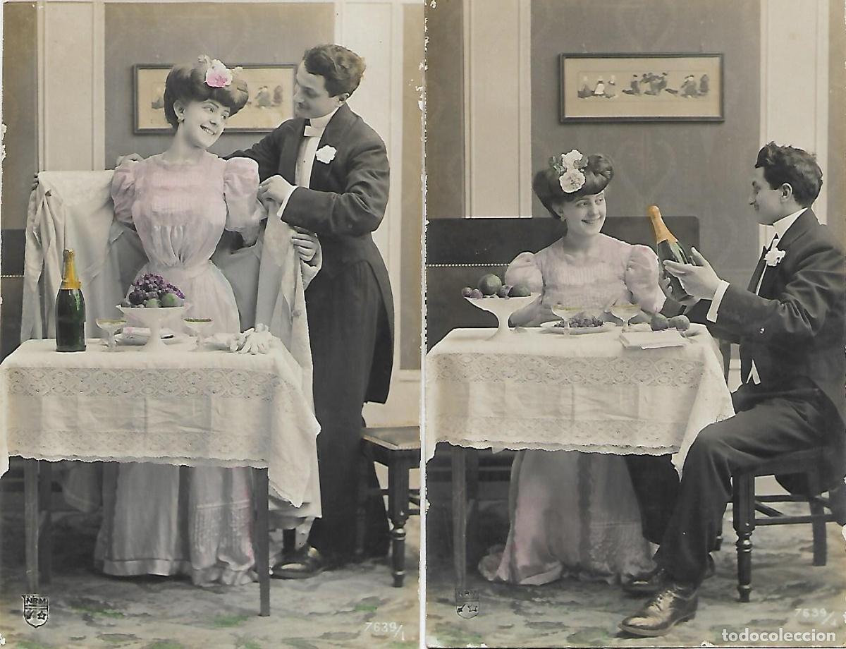 Cartoline: PAREJA DE ANTIGUAS POSTALES-IDILIO CON CHAMPAGNE (Principios 1900)