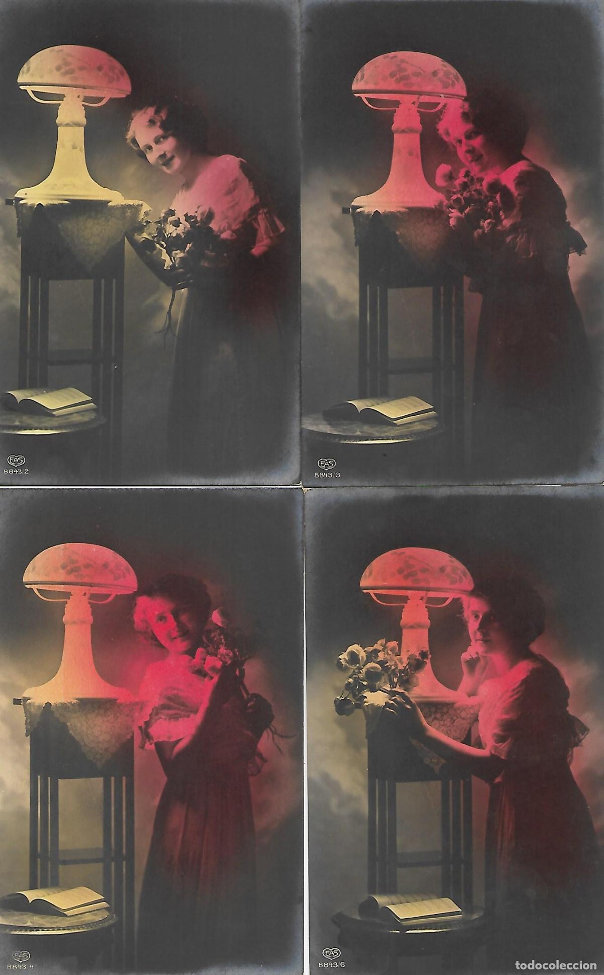 Cartoline: SERIE DE 4 POSTALES ANTIGUAS-DAMA CON L&Aacute;MPARA, FLORES Y LIBRO (Principios 1900)