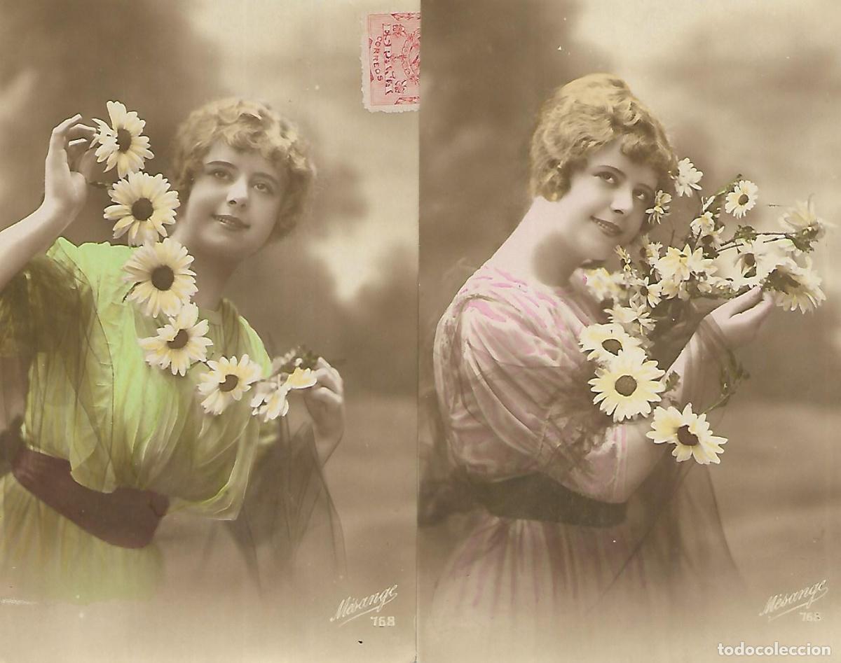 Cartoline: PAREJA DE ANTIGUAS POSTALES-DAMA CON FLORES (Principios 1900)