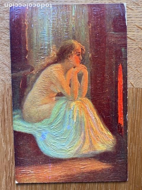 Cartoline: Postal mujer desnuda delante chimenea. Efecto &oacute;leo. Sin circular
