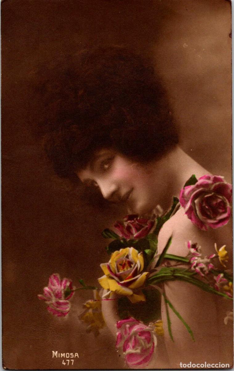 Postais: Muchacha - Peinado - Rosas - Mimosa 477 - Tonalidad marr&oacute;n - Coloreada - 136x86mm