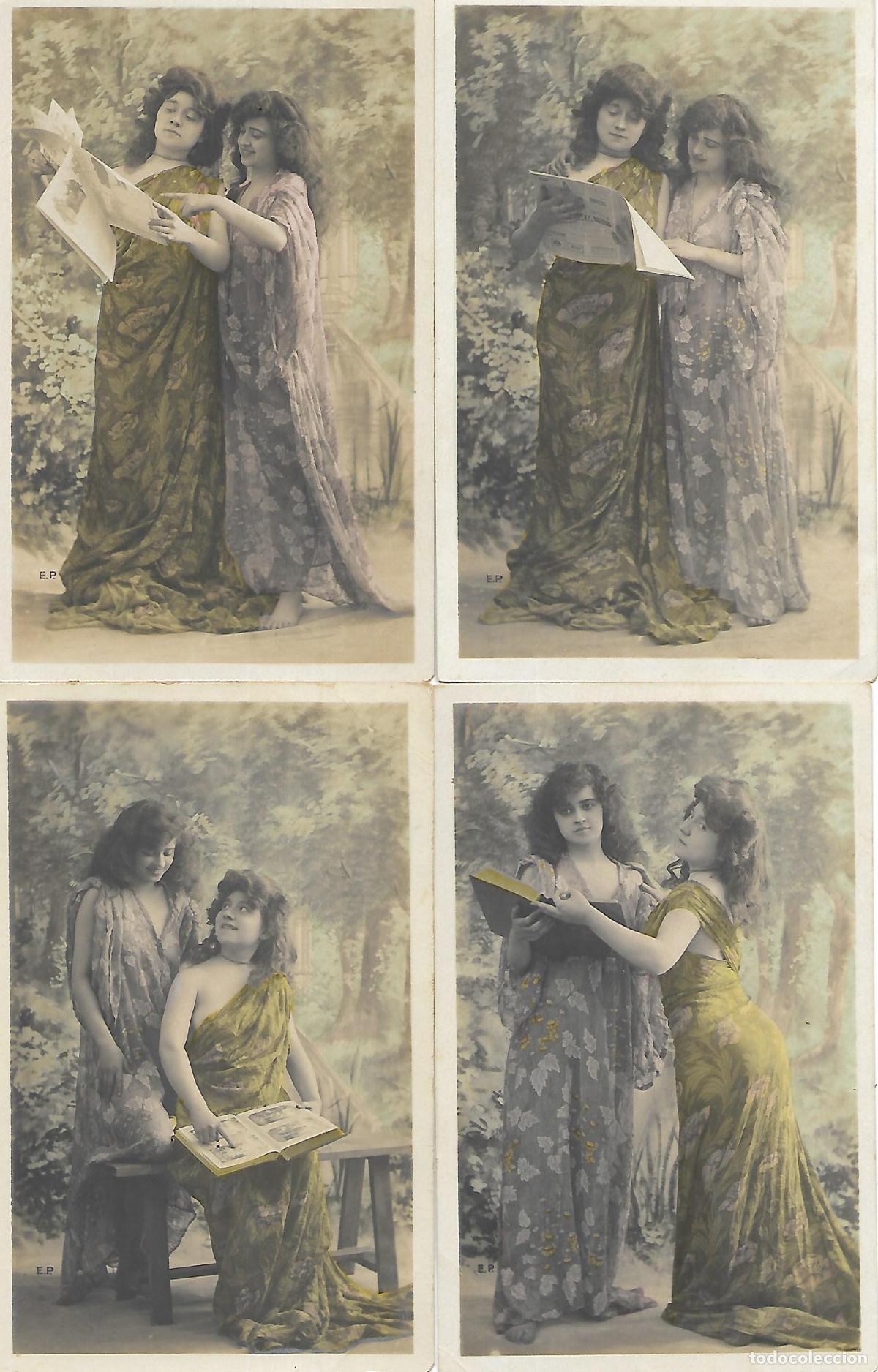 Postales: SERIE DE 4 POSTALES-DAMAS MIRANDO ALBUM (Principios 1900) Dorso sin dividir