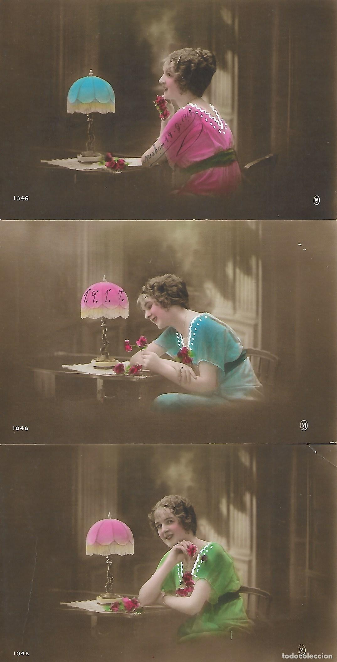 Postales: SERIE DE SEIS POSTALES-DAMA CON L&Aacute;MPARA Y FLORES (1917)