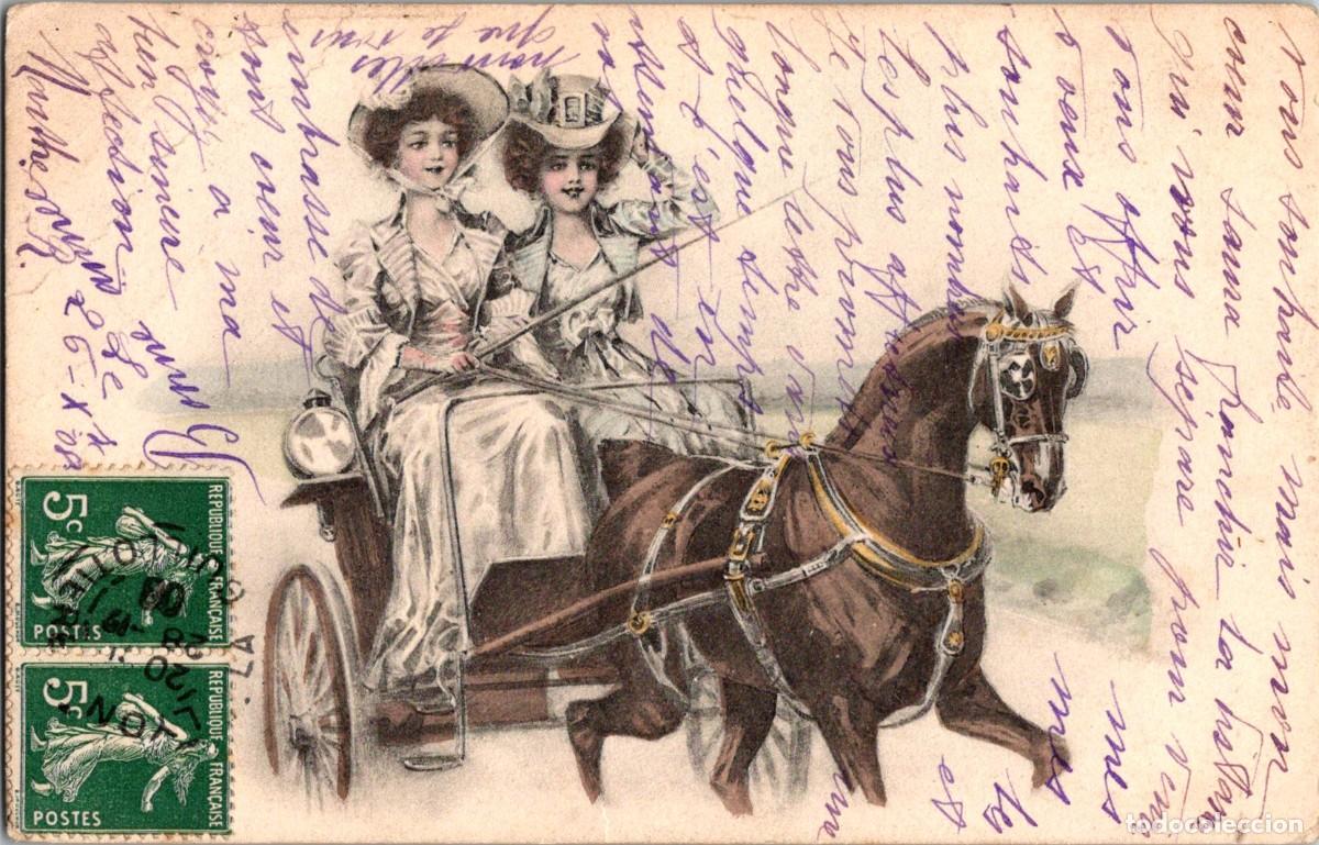 Postales: Ilustraci&oacute;n sin firma - Dos muchachas conduciendo una Calesa - Ed. PF Series 1391 - 140x90mm