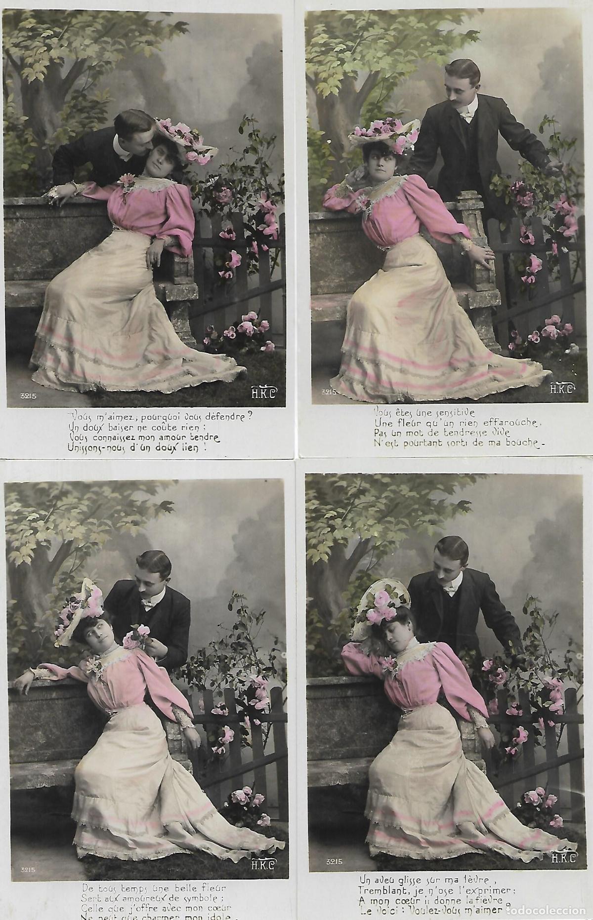 Postales: SERIE DE CINCO POSTALES-PAREJA CORTEJANDO EN BANCO CON FLORES (Principios 1900)