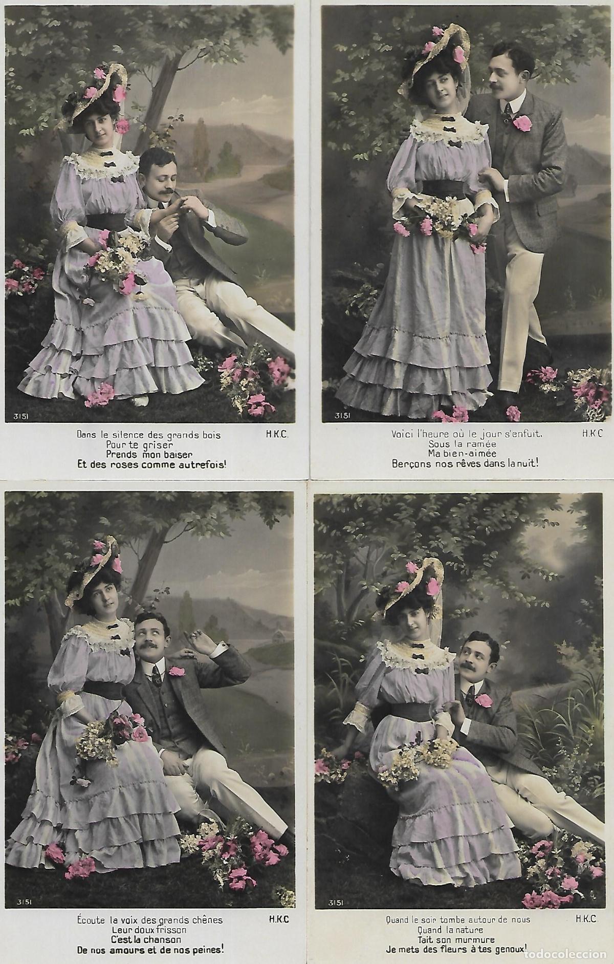 Postales: SERIE DE CINCO POSTALES-PAREJA CORTEJANDO EN EL JARDIN (Principios 1900)