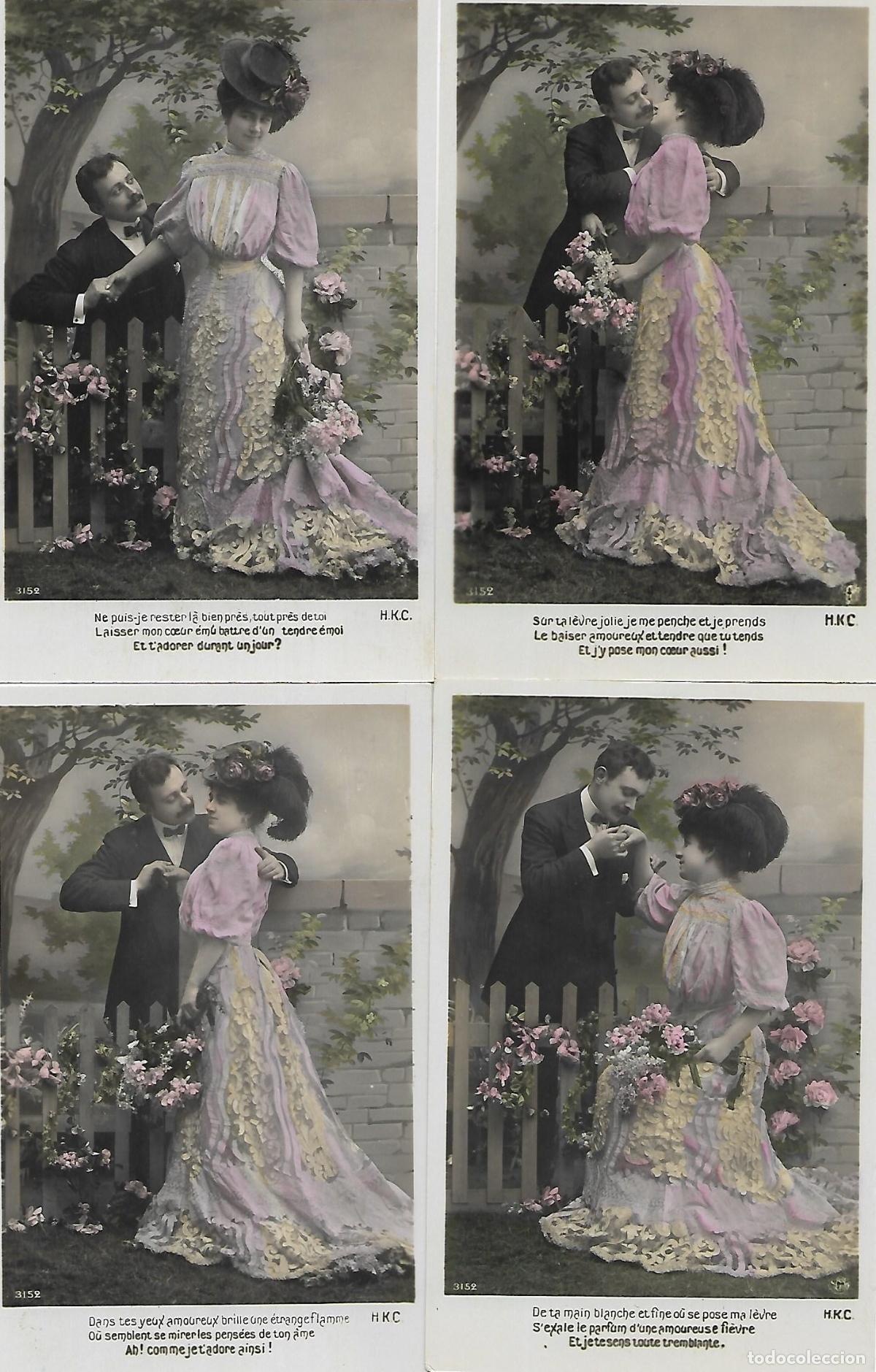 Postales: SERIE DE CINCO POSTALES-PAREJA CORTEJANDO EN EL JARDIN (Principios 1900)