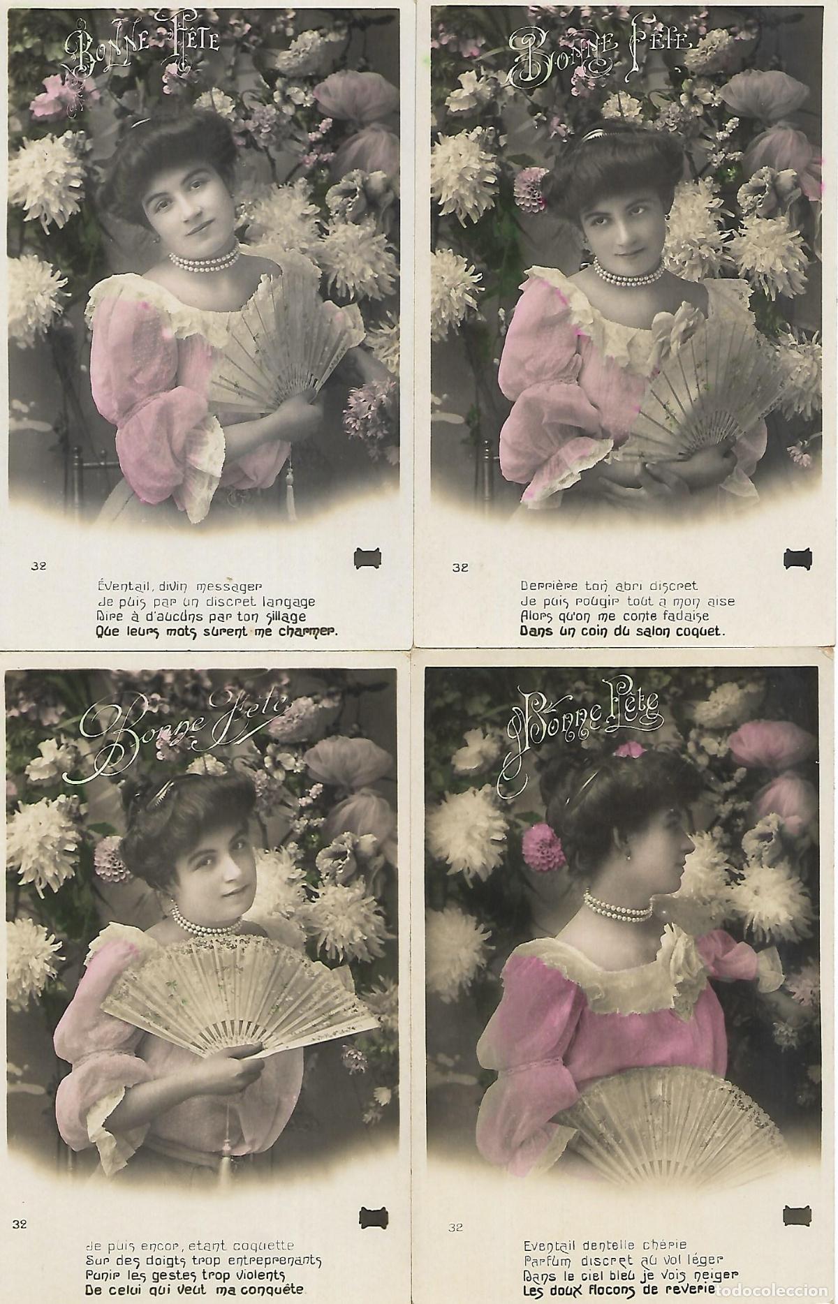 Postales: SERIE DE CINCO POSTALES-DAMA CON ABANICO (Principios 1900)