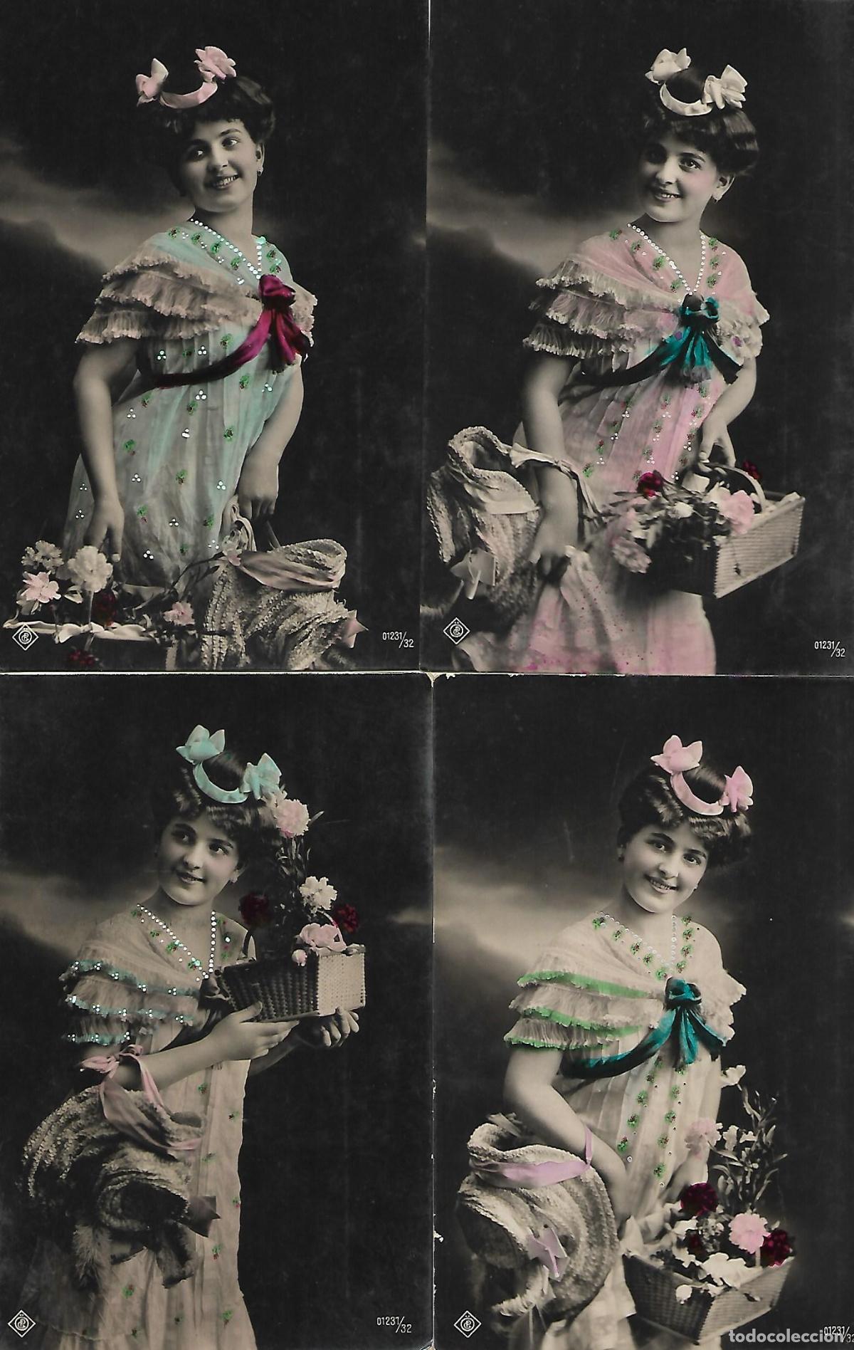 Cartoline: SERIE DE CINCO POSTALES ANTIGUAS-DAMA CON CESTA DE FLORES (Principios 1900)