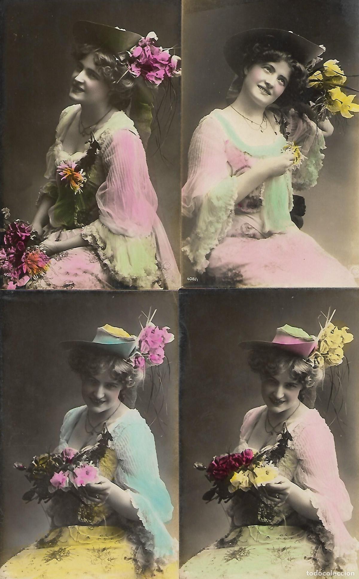 Cartoline: SERIE DE CINCO POSTALES ANTIGUAS-DAMA CON PAMELA Y FLORES (Principios 1900)