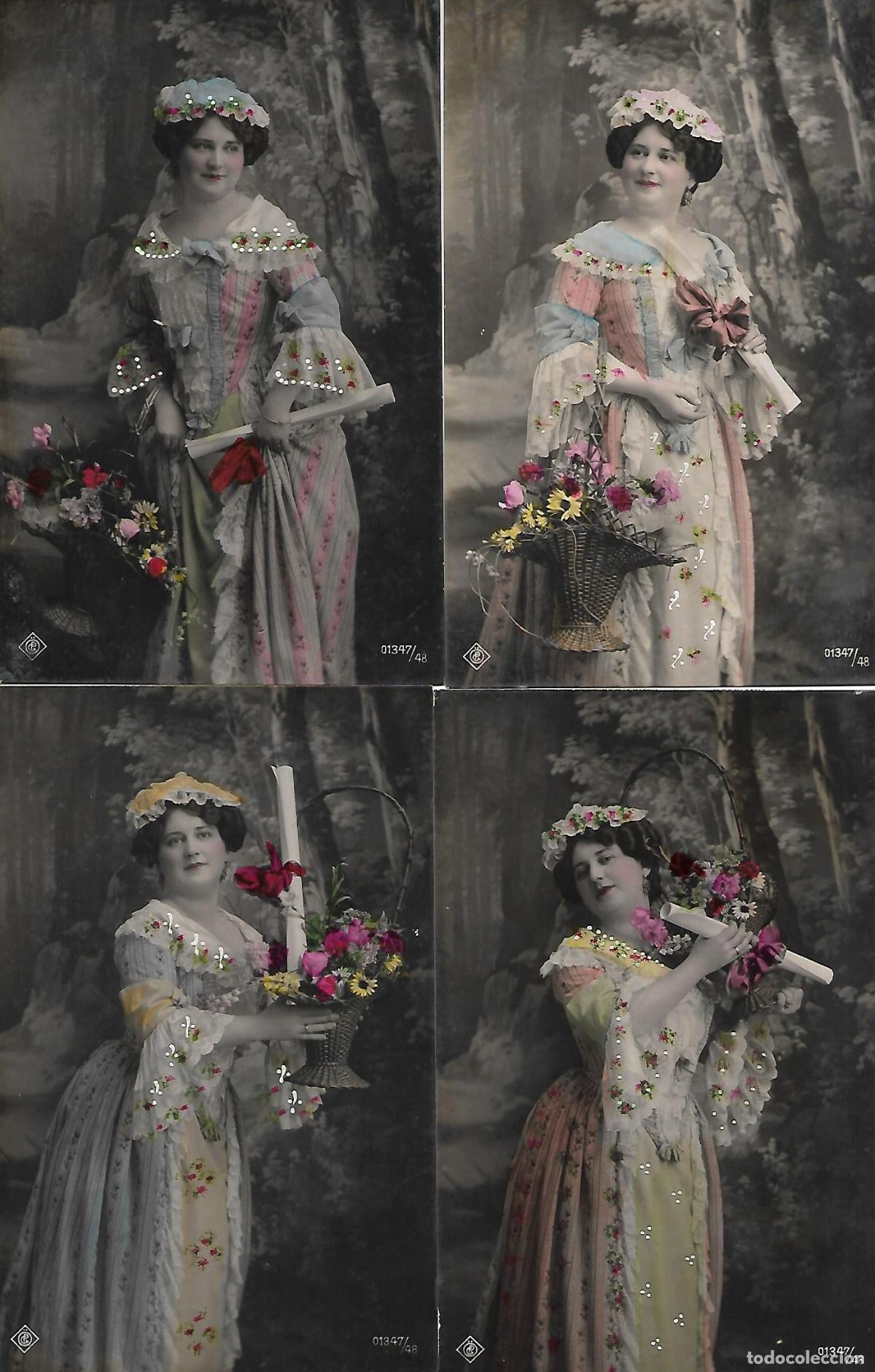 Postales: SERIE DE CUATRO POSTALES ANTIGUAS-DAMA CON PERGAMINO (Principios 1900)