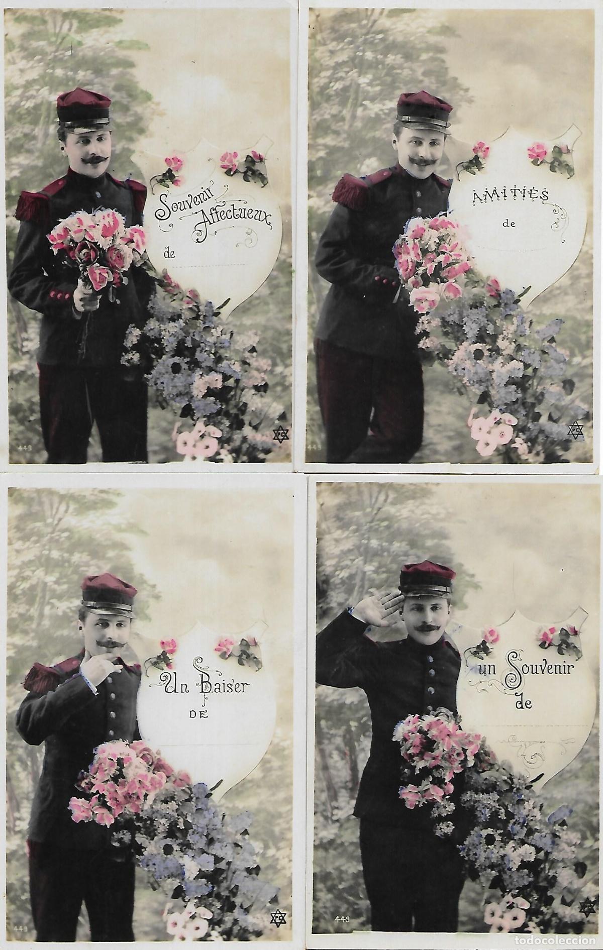 Cartoline: SERIE DE CUATRO POSTALES ANTIGUAS-MENSAJES DE UN MILITAR CON FLORES (Principios 1900)