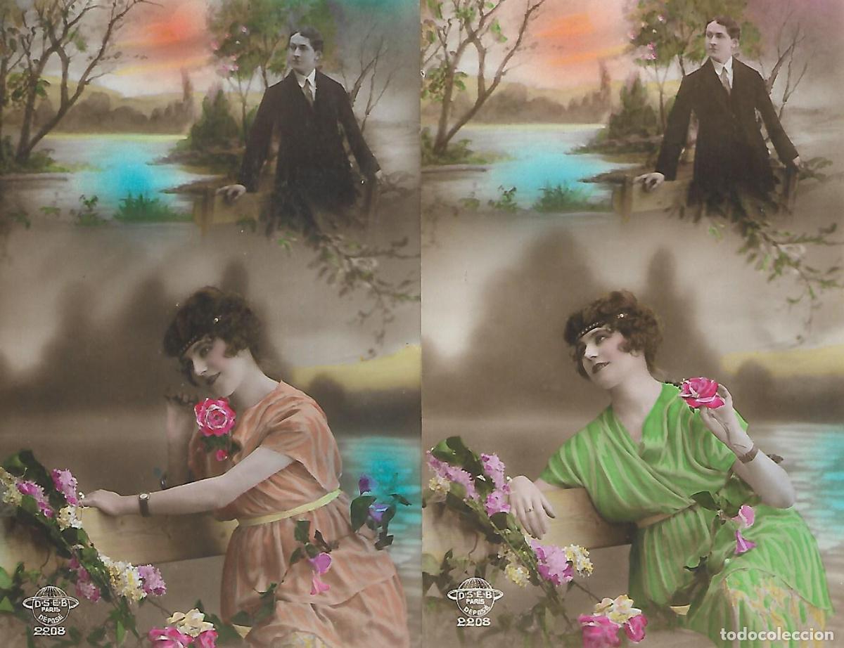 Postais: SERIE DE DOS POSTALES ANTIGUAS-DAMA CON FLORES PENSANDO EN SU ENAMORADO (A&ntilde;os 20)